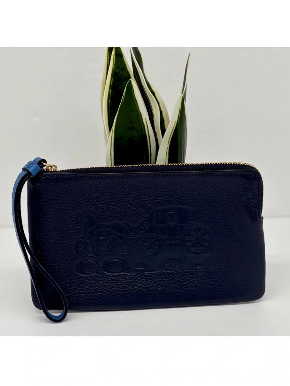 Coach Large Corner Zip Wristlet Wallet With Horse And Carriage Navy